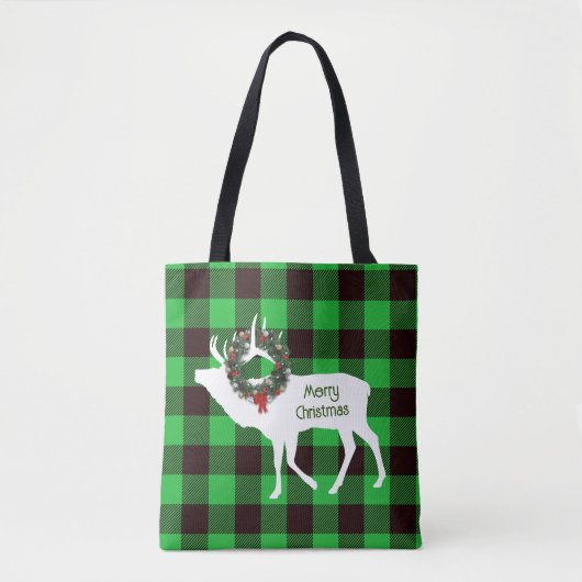 Tote Bag Vert Buffalo Plaid Elk Silhouette Wreath Custom (Devant)