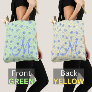 Tote Bag Vert et Jaune 2 Couleurs latérales Snowflakes Mono