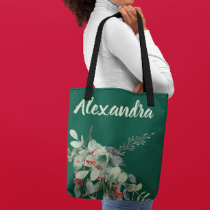 Tote Bag Vert foncé avec feuilles et baies à l'aquarelle &