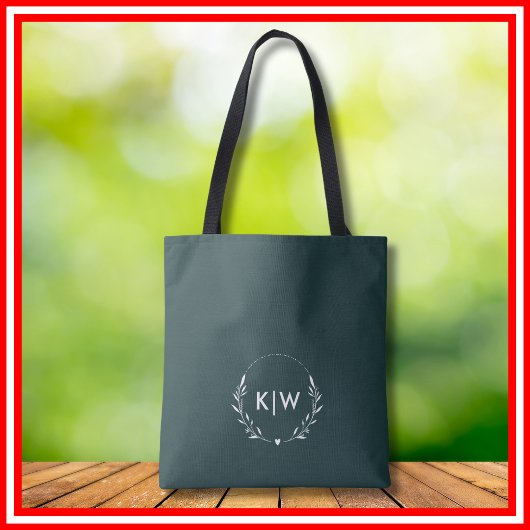 Tote Bag Vert forêt et blanc | Monogramme initiales moderne