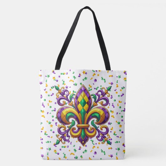 Tote Bag Vert jaune pourpre Mardi Gras fleur de lis (Devant)
