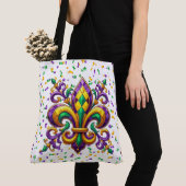 Tote Bag Vert jaune pourpre Mardi Gras fleur de lis (De près)