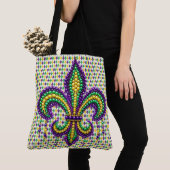 Tote Bag Vert jaune pourpre Mardi Gras fleur de lis (De près)