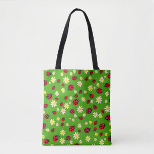 Tote Bag vert mignon de motif de fleur de coccinelle et de