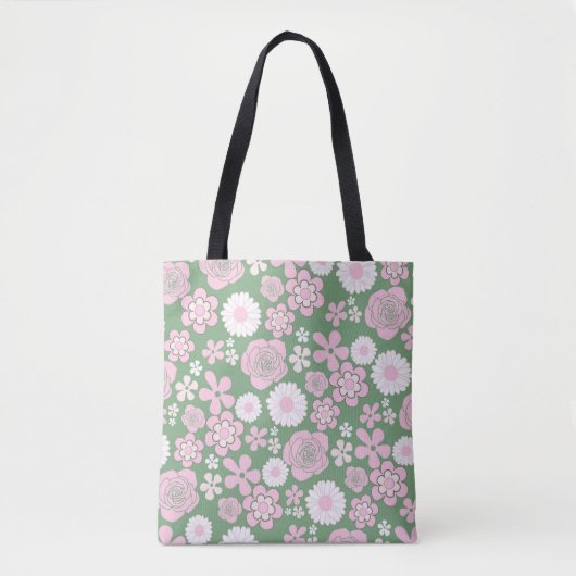 Tote Bag Vert rose blanc rétro Y2K les années 70 Fleur Moti (Devant)