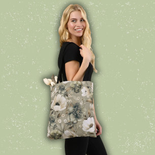 Tote Bag Vert Sage Et Floral Crème