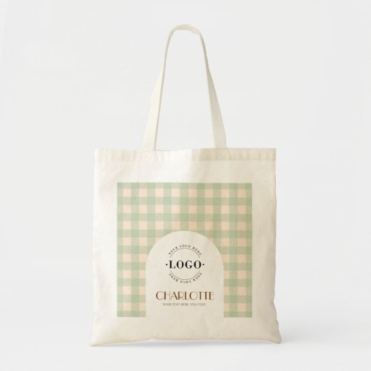 Tote Bag Vert sauge clair Gingham pré Logo Entreprise (Devant)