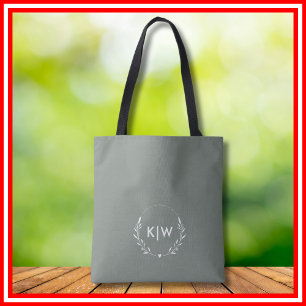 Tote Bag Vert sauge et blanc   Monogramme initiales moderne