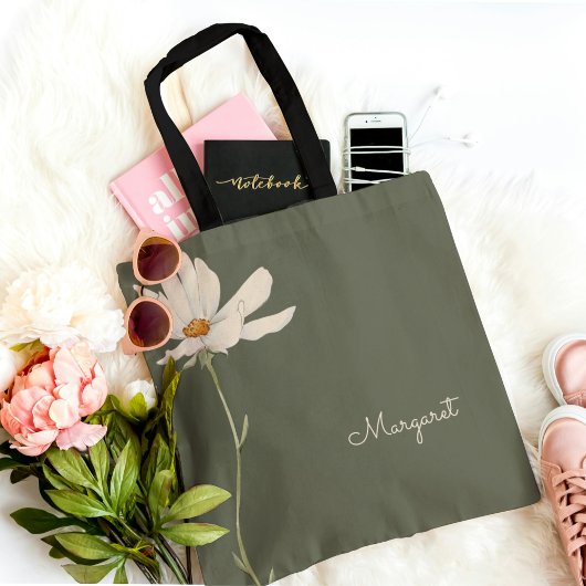 Tote Bag Vert sauge Fleur blanche Minimal Simple