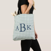 Tote Bag Vert Sauge Gingham Monogrammé (De près)