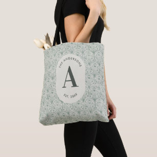 Tote Bag Vert Sauge Personnalisé Monogramme Élégant Art Déc