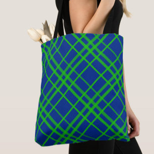 Tote Bag Vert Sur Bleu Tartan Plaid Design Motif
