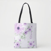 Tote Bag Vert violet personnalisé, Fleurs aquarelles (Devant)