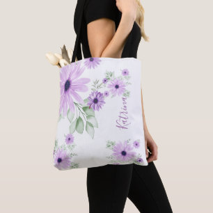 Tote Bag Vert violet personnalisé, Fleurs aquarelles