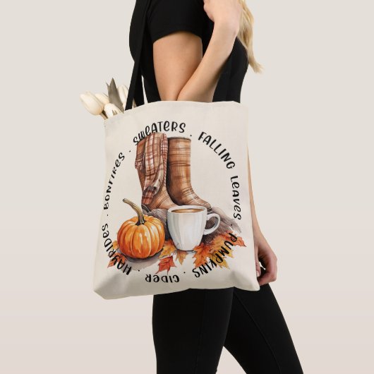 Tote Bag Vibes D'Automne Cosy - Bottes, Épices Citrouilles, (De près)