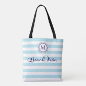 Tote Bag Vibes de plage Bleu blanc rayures Côtier Monogramm (Dos)