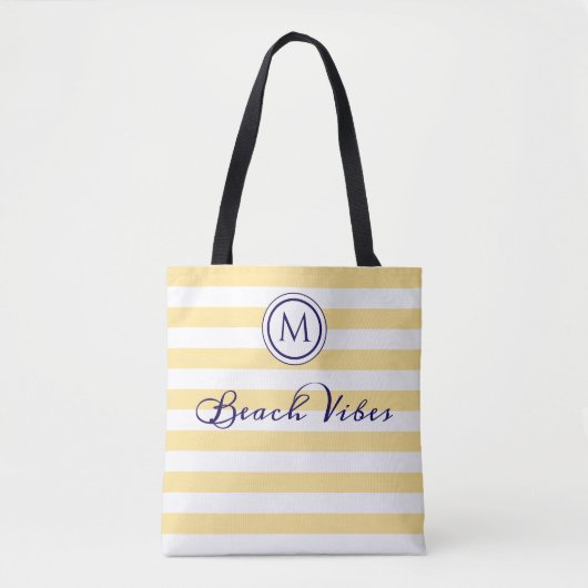 Tote Bag Vibes de plage Jaune blanc rayé Monogramme côtier (Devant)