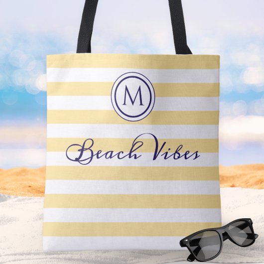 Tote Bag Vibes de plage jaune blanc rayure monogramme côtie