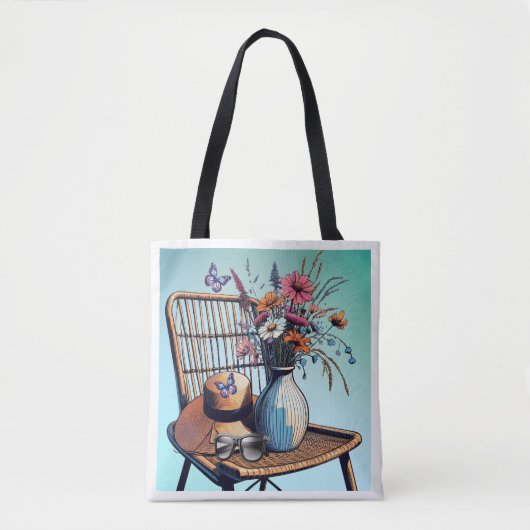 Tote Bag Vibes d'été en osier et fleurs (Devant)