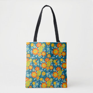 Tote Bag Vibrant Orange & Yellow Blooms on Deep Teal