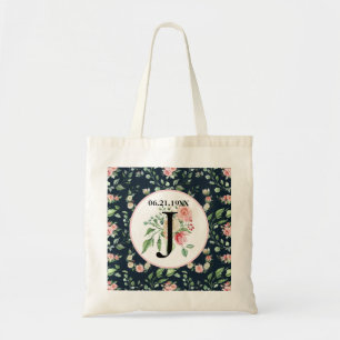 Tote Bag Victorian Rose Pattern Monogram, Wedding Date