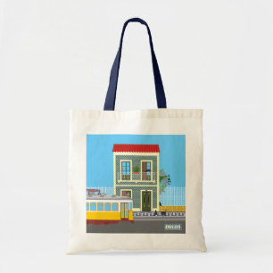 Tote Bag Vieille maison de Lisbonne avec chats et tramway j
