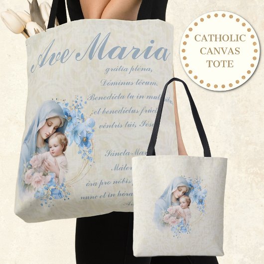 Tote Bag Vierge catholique Marie Jésus Bleu Floral Ave Mari