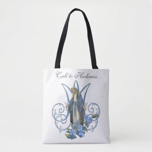 Tote Bag Vierge religieuse Marie Croix bleu Fleurs (Devant)