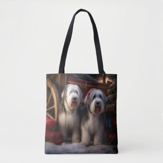 Tote Bag Vieux anglais Cheepdog Snowy Sleigh Décor de Noël (Devant)