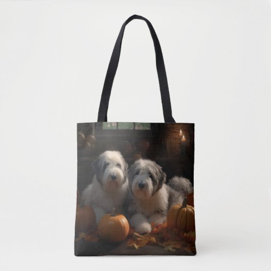 Tote Bag Vieux anglais Sheepdog Chiot Chiot Automne Citroui (Devant)