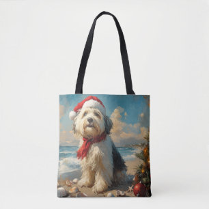 Tote Bag Vieux chien de berger anglais de Noël Plage vintag