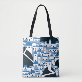 Tote Bag Village de Santorin motif en blanc et bleu