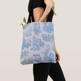 Tote Bag Vintage bleu turquoise toile jouy monogramme