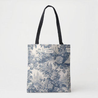 Tote Bag Vintage chic floral Bleu toile de jouy monogramme