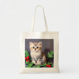 Tote Bag Vintage Christmas Kitten et Holly