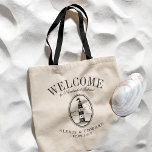Tote Bag Vintage Lighthouse Custom Black Thème Bienvenue<br><div class="desc">Un ensemble unique de sacs fourre-tout personnalisés adaptés à votre style de plage ou à votre mariage de destination. Il comporte un texte de bienvenue suivi du nom de l'emplacement ou de la personne qui reçoit le sac. Sous celui-ci se trouve un phare de style vintage en noir. Tous les...</div>