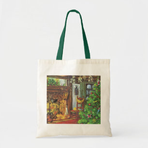 Tote Bag Vintage Noël, Cabine confortable en rondins avec c