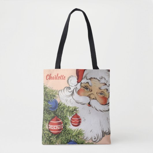 Tote Bag Vintage Noël Père Noël avec Arbre (Devant)