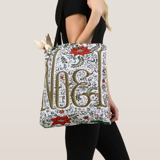 Tote Bag vintage noël poinsettia joyeux noel (De près)