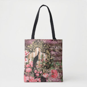 Tote Bag Vintage note florale paon rose et or