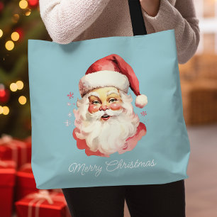 Tote Bag Vintage Rétro Père Noël Bleu Joyeux Noël