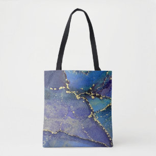 Tote Bag Violet Bleu Sarcelle et Or Art Liquide Abstrait