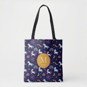 Tote Bag Violet foncé, licornes et arcs-en-ciel customisés