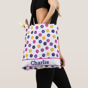 Tote Bag 💛 💜 violet jaune Pickleballs sur blanc