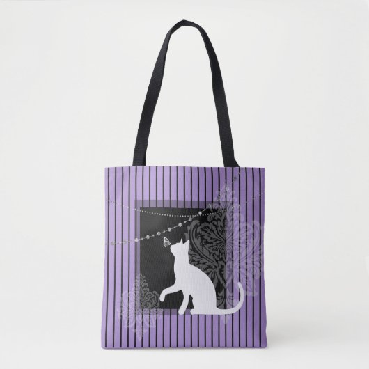 Tote Bag Violet noir, chat blanc et rayures noires (Devant)