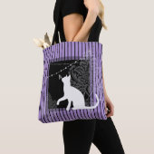 Tote Bag Violet noir, chat blanc et rayures noires (De près)