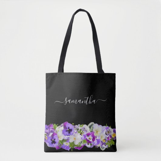 Tote Bag Violet violet floraux noir script monogramme (Devant)