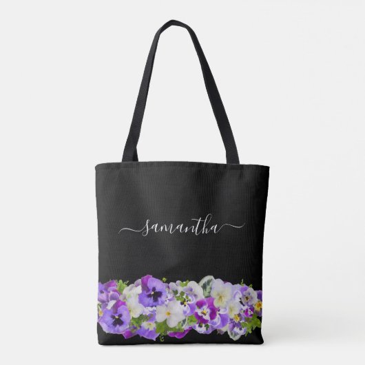 Tote Bag Violet violet floraux noir script monogramme (Dos)