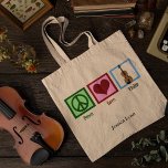 Tote Bag Violon d'amour de la paix mignon violoniste person<br><div class="desc">Sympa signe de paix,  coeur et violon sur un sac fourre-tout très personnalisé pour un violoniste. Violon Peace Love.</div>