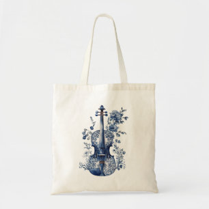 Tote Bag Violon de style Delft bleu et blanc avec fleurs